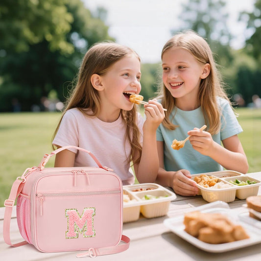 Kids Initial Lunch Bag, Reusable Insulated Lunch Box for Girls Toddlers, Back to School Gift, Leak-proof Cooler Bag for School Daycare Travel Picnic, Pink-M