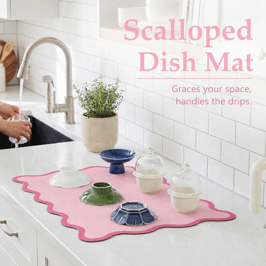 Scalloped Dish Drying Mat for Kitchen Counter, Absorbent Easy Clean Non-slip Coffee Bar Station Accessories, Trendy Cute Aesthetic Modern Drainer Kitchen Drying Mat, Pink 15" x 24"