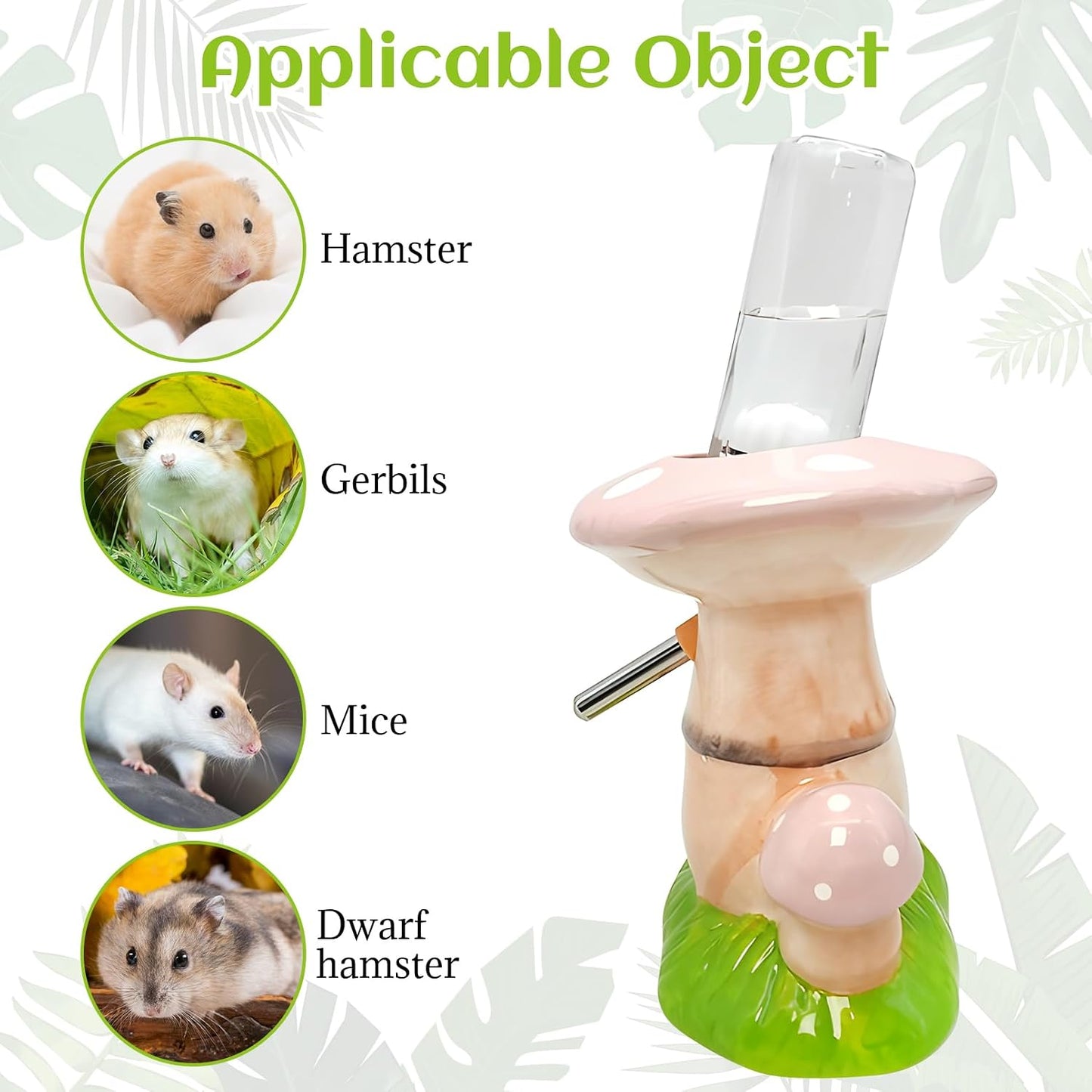 BNOSDM Hamster Water Bottle No Drip Ceramic Hamster Water Bottle for Glass Tank - 80ML Water Dispenser with Mushroom Stand Holder for Syrian Hamsters, Dwarf Hamsters, Mice, Gerbils (Pink)