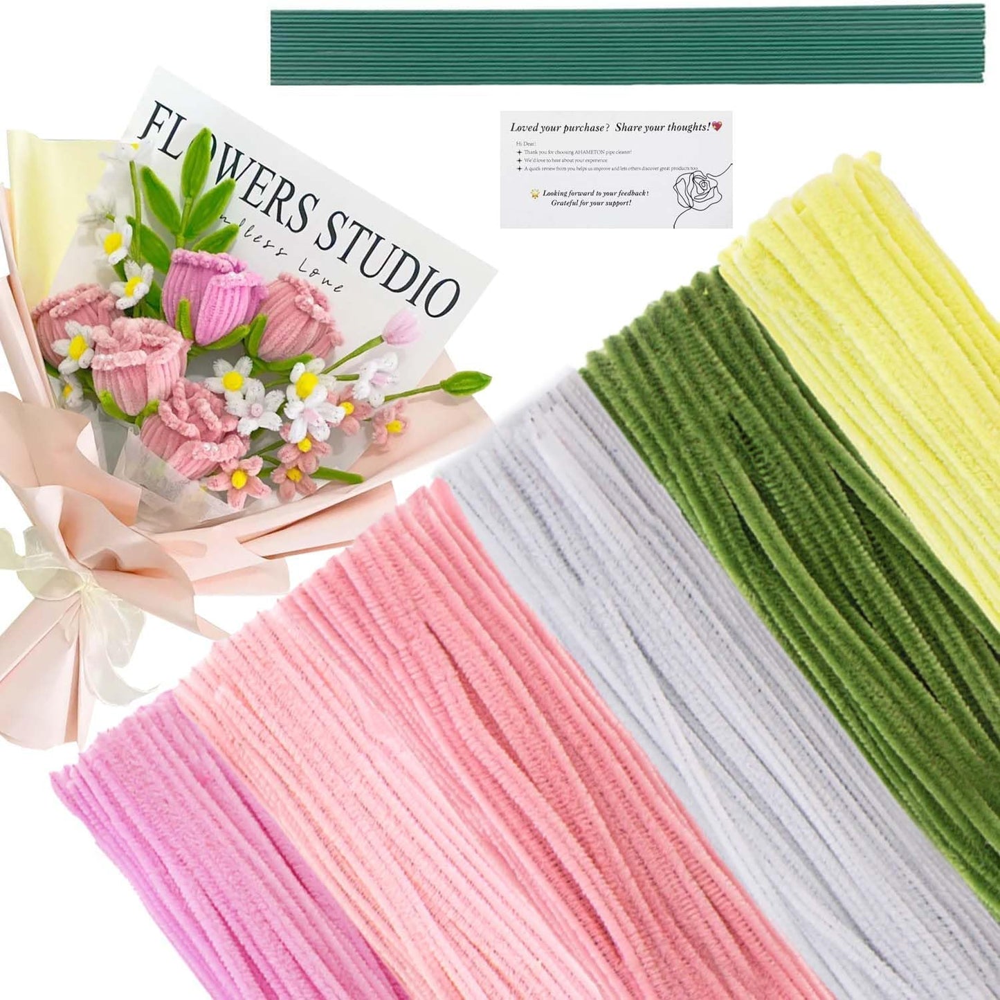 AHAMETON 620Pcs Pink Yellow Pipe Cleaners Complete Craft Kit with Wires, Pom Poms, Stamens and Card, All-in-One DIY Flower Craft Supplies for Creative Wedding Gifts Home Decor, Party & School Crafts