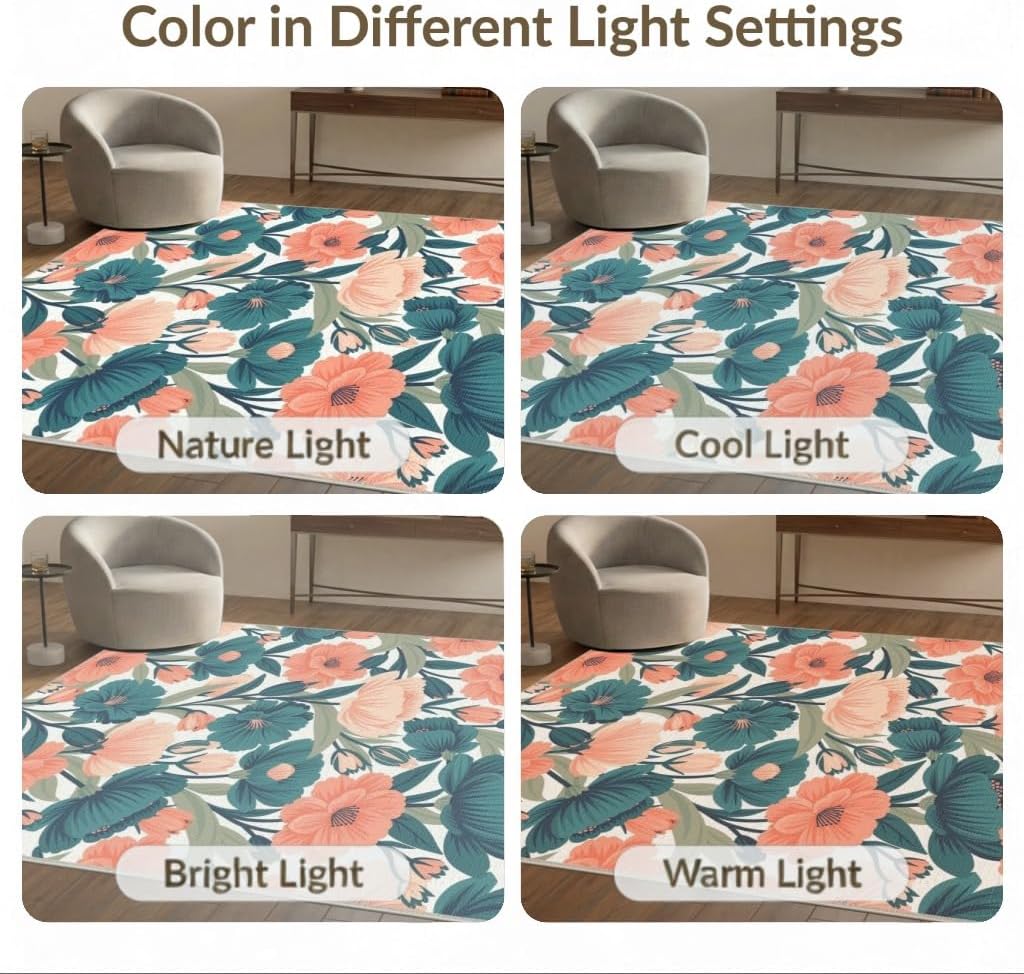 5'x7' Washable Flatwoven Rug, Peach Contemporary Botanical Stain Resistant Area Rug Non-Slip Low Profile Floor Covering for Guest Room, Lounge, Apartment | Ref:2157510