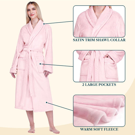 PAVILIA Womens Fleece Robe with Satin Trim, Plush Soft Long Spa Bathrobe, Cozy Shawl Collar Housecoat with Pockets