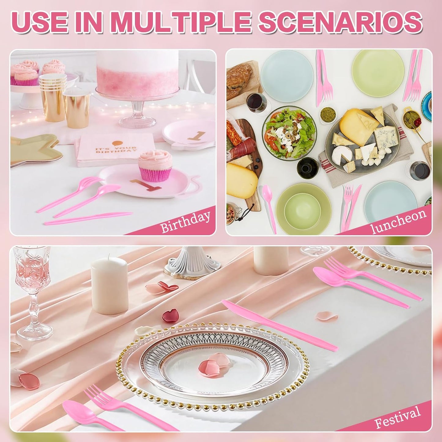 360-Pack Plastic Pink Silverware Set, Disposable Cutlery Set, Plastic Forks and Spoons Knives Utensils Set (120 Each) for Valentine's Day, Baby Shower, Bridal Shower, Princess Party, Easter
