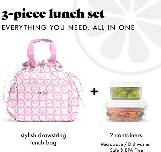Fit & Fresh Cromwell Drawstring Lunch Bag for Women, Complete Lunch Set with 2 Containers, Stain-Resistant, Leak-Resistant, Back to School Essential, Teacher Lunchbox, All Smiles Pink