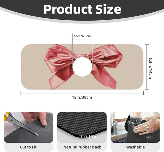 Watercolor Pink Velvet Bow On Light Beige Faucet Mat Splash Guard, Absorbent Quick-Dry Kitchen Sink Mat,Ideal For Splash Guard Drip Catching