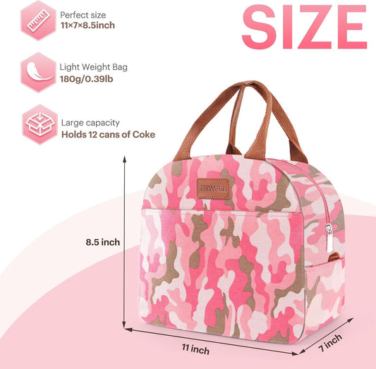 Lunch Bag for Women & Men Adult Insulated Lunch Box, Small Leakproof Cooler Food Lunch Containers Reusable High Capacity Lunch Tote Bags for Work, Travel, Outdoor (Pink Camo)