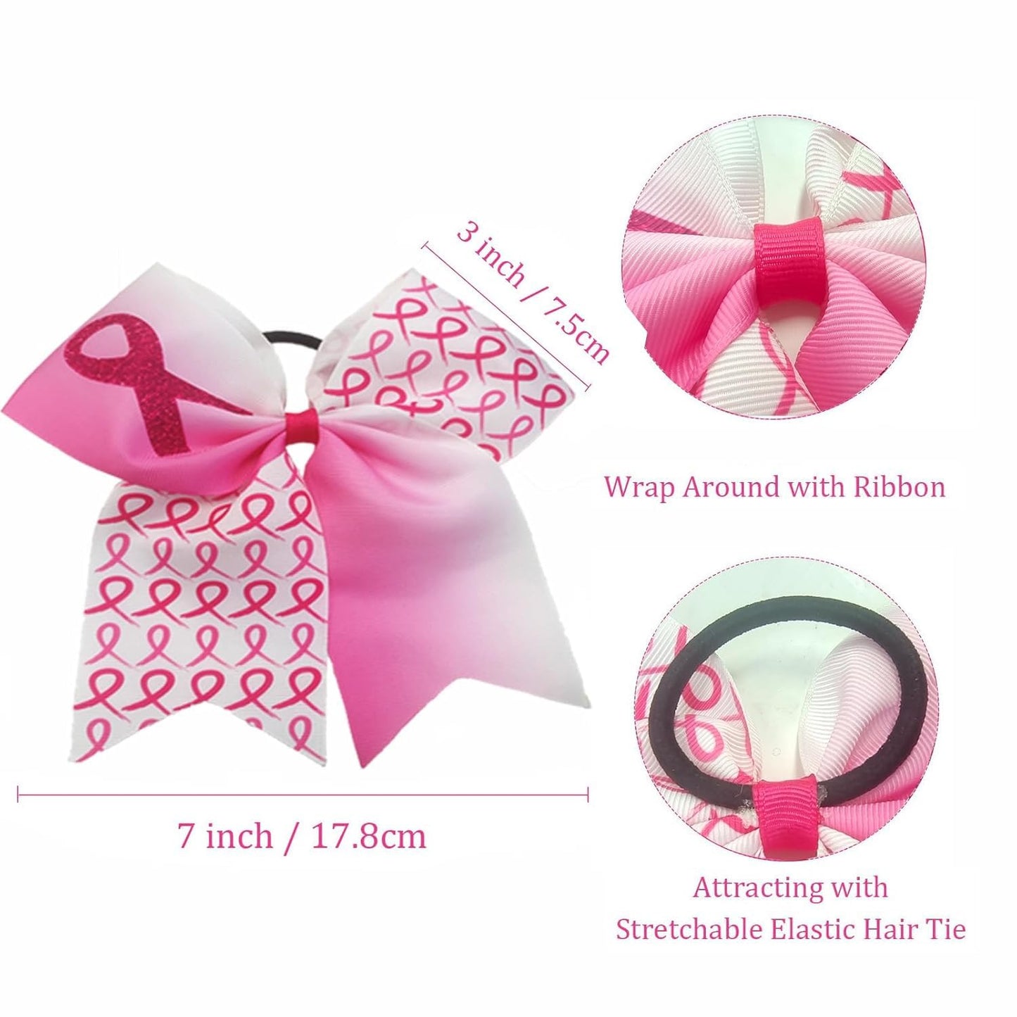 20 Pieces 7 Inch Breast Cancer Awareness Cheer Bows Pink Ribbon Hair Band Elastic Scrunchies Cheerleading with Hair Band Hair Accessories for Teens Women (light pink)