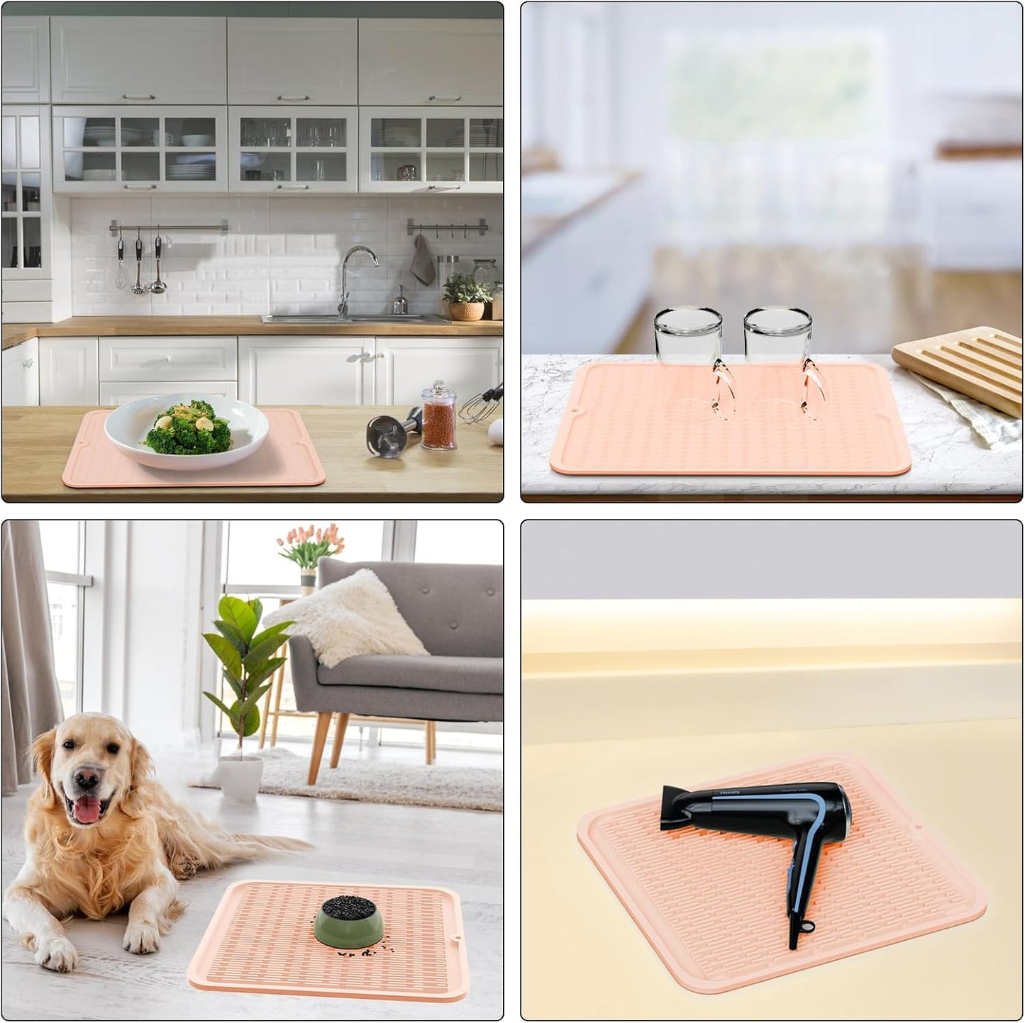 ZLR 4-in-1 Silicone Mat 12" x 12" / 305 x 306mm Square - Dish Drying Mat, Air Fryer Mat, Coffee Maker Pad & Heat Resistant Trivet (up to 450°F) - Non-Slip Food-Grade BPA-Free (Peach Pink)