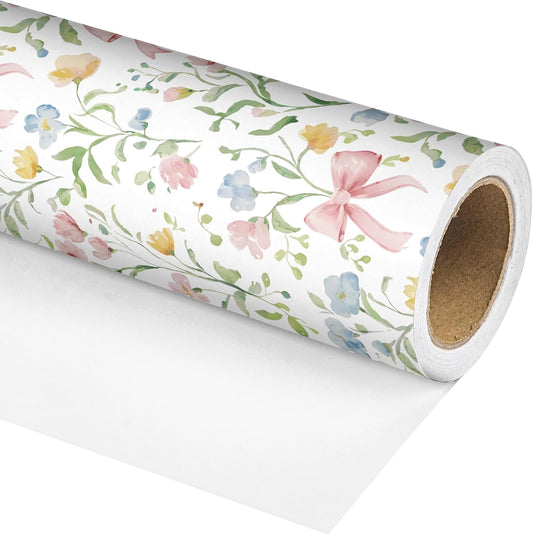 Altarho Bow Floral Wrapping Paper Roll for Girl Women - Spring Floral Green Leaves Pink Bows Design Watercolor Wildflower Gift Wrap for Birthday Baby Shower Mothers Day Total 28.5sq.ft