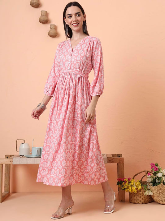 Tissu Women's Rayon Green Printed Fit & Flared Waist Tie-up Dress