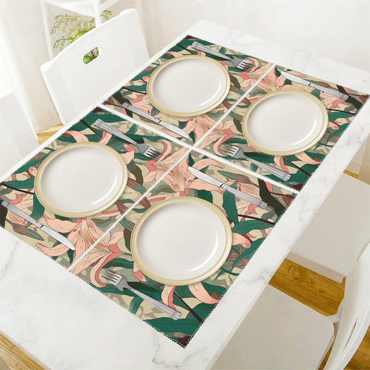 Peach Floral Pattern Placemats Set of 4 Heat Resistant Place Mats for Dining Table Non-Slip Placemat Easy Clean Washable Table Mats for Kitchen Table Indoor/Outdoor