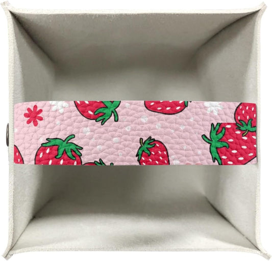 Pink Strawberry Tissue Box Cover Water Resistant Leather Tissue Box Holder Cube Facial Paper Organizer Cute Dispenser Napkin Holder Case Home Decoration