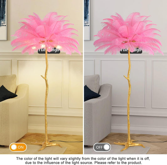 Large Feather Floor Lamp for Living Room, Long & Large Fluffy Ostrich Feathers Lamp, 3 Color Temperatures Modern Funky Tall Standing Lamp for Bedroom Inclued Bright E12 LED Bulbs (Pink)
