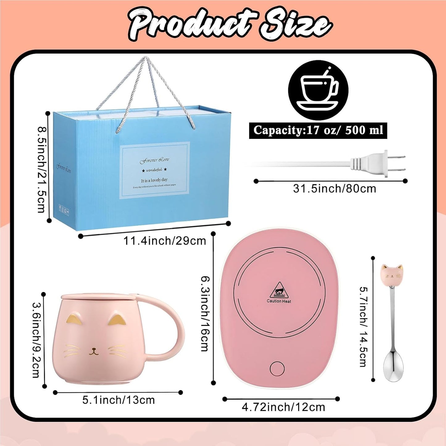 Reallnaive Cat Coffee Cup Coffee Warmer with Mug for Women Electric Mug Heater Temperature Control Ceramic Cute Cat Warmer for Office Valentine' Day Birthday Gift(Pink)