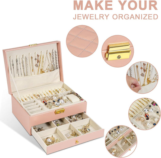2-Layer Jewelry Box for women, jewelry organizers and storage with Removable Jewelry Tray, vintage quilted top Lockable Jewelry Holder Gift Idea Pink