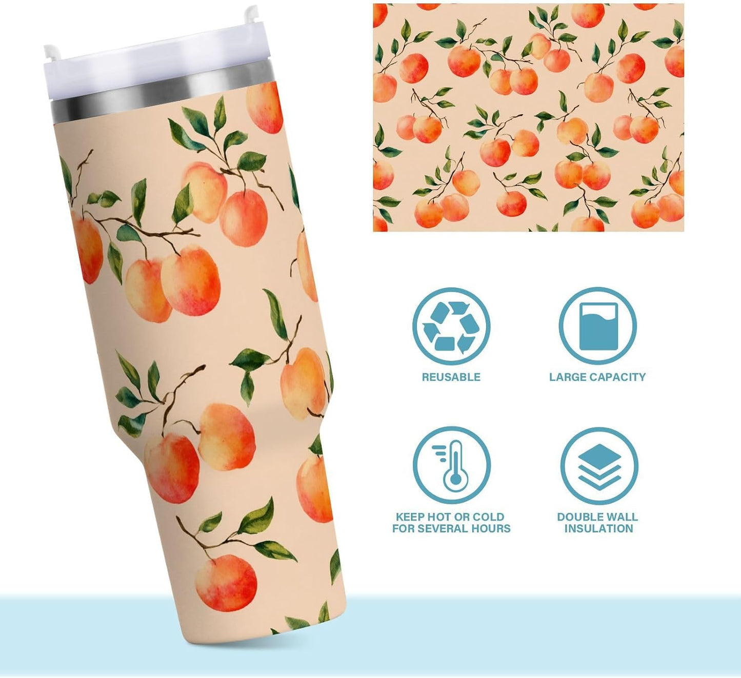 ALAZA 40 oz Peach Leaves Pattern Tumbler with Handle and Straw Lid