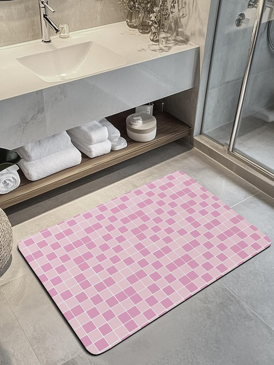Modern Geometric Square Lattice Bath Rug Diatomite Shower Mat, Absorbent Bath Mat Non Slip Quick Dry Bathroom Rugs for Shower Bathtub Sink Kitchen Pink Buffalo Checker Ombre