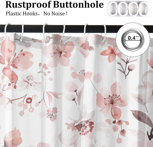Renaiss 72 x 72 Inch Pink Flower Shower Curtain Set Light Pink Watercolor Floral Shower Curtains for Bathroom Modern Abstract Ink Painting Decorative Curtain Waterproof Fabric with Plastic Hooks