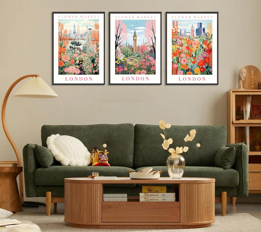 Flower Market Wall Art Colorful Floral Painting picture Wall Decor Pink Floral Travel Poster Print Artwork for Kitchen Bathroom Living Room Bedroom Home Decoration 12x16in Unframed Set of 3