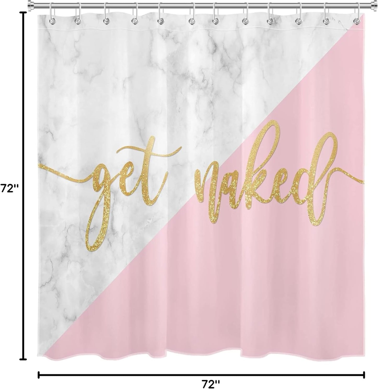 EOBTAIN Get Naked Shower Curtain for Bathroom Funny Quotes with Gold Texture on Pink and White Marble Shower Curtain with 12 Hooks Modern Abstract Bathroom Curtains Shower Set 72x72 Inch
