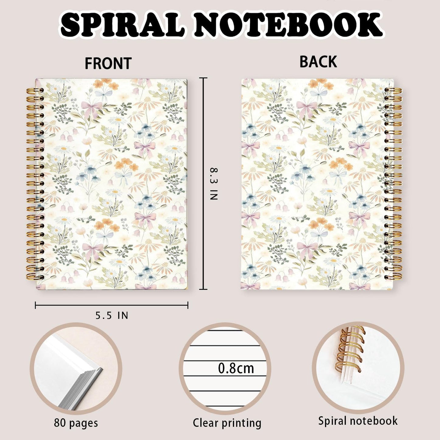 YZSLA Cute Spiral Notebook Journal for Women,Journal for Teen Girls Floral Pastel Pretty Hardcover Spiral Notebook for Women School Aesthetic Pink Journal for Teen Girls 5.5x8.3