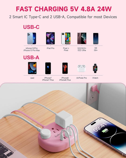 Pink Extension Cord - 10 FT Flat Power Strip, 1625W Cute Extension Cord with 3 AC Outlet 4 USB (24W/4.8A), Compact for Cute Pink Kawaii Desk Home Essentials