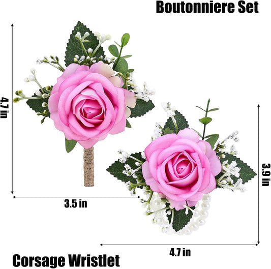 2Pcs Pink Wrist Corsage and Men Boutonniere Set, Artificial Flower Wristlet Band Bracelet, Rose Boutonniere Accessories for Wedding Prom Party Homecoming Decorations