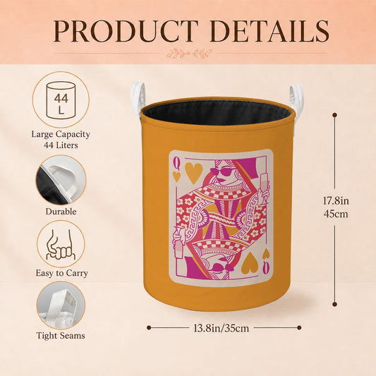 Trendy Pink and Orange Poker Laundry Basket, Preppy Queen of Hearts Playing Card Laundry Hamper Waterproof Collapsible Clothes Toys Storage Bin Organizer for Bedroom Bathroom Home