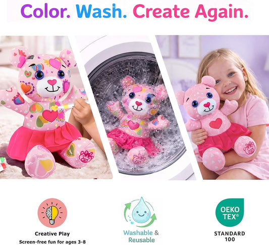 DRAWMYTOY Coloring Plush Toy with Washable Markers for Little Girls Doodle Dolls for Kids Ages 3-8 Birthday (Pink Bear)