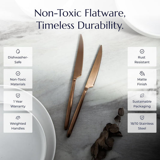 JAZZUPCO Titanium-Plated Steak Knives Set, 18/10 Stainless Steel Precision-Cut Blades, Fade-Resistant Durable Finish, Elegant Table Knives for Fine Dining & Everyday Use (Matte Rose Gold)