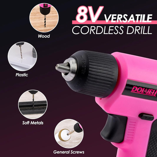 DOWELL 8V Cordless Drill Tool Set 58 PCS, Built-in LED, Variable Speed, Type-C Charge Cable, Blow Molded Case, for DIY, Home Maintenance & Light Drilling, Pink
