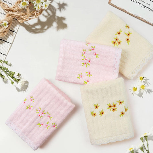 Jacquotha Bathroom Washcloths Face Towels 4-Piece, Floral Embroidered, Cotton, Pink & Cream 13โ x 13"