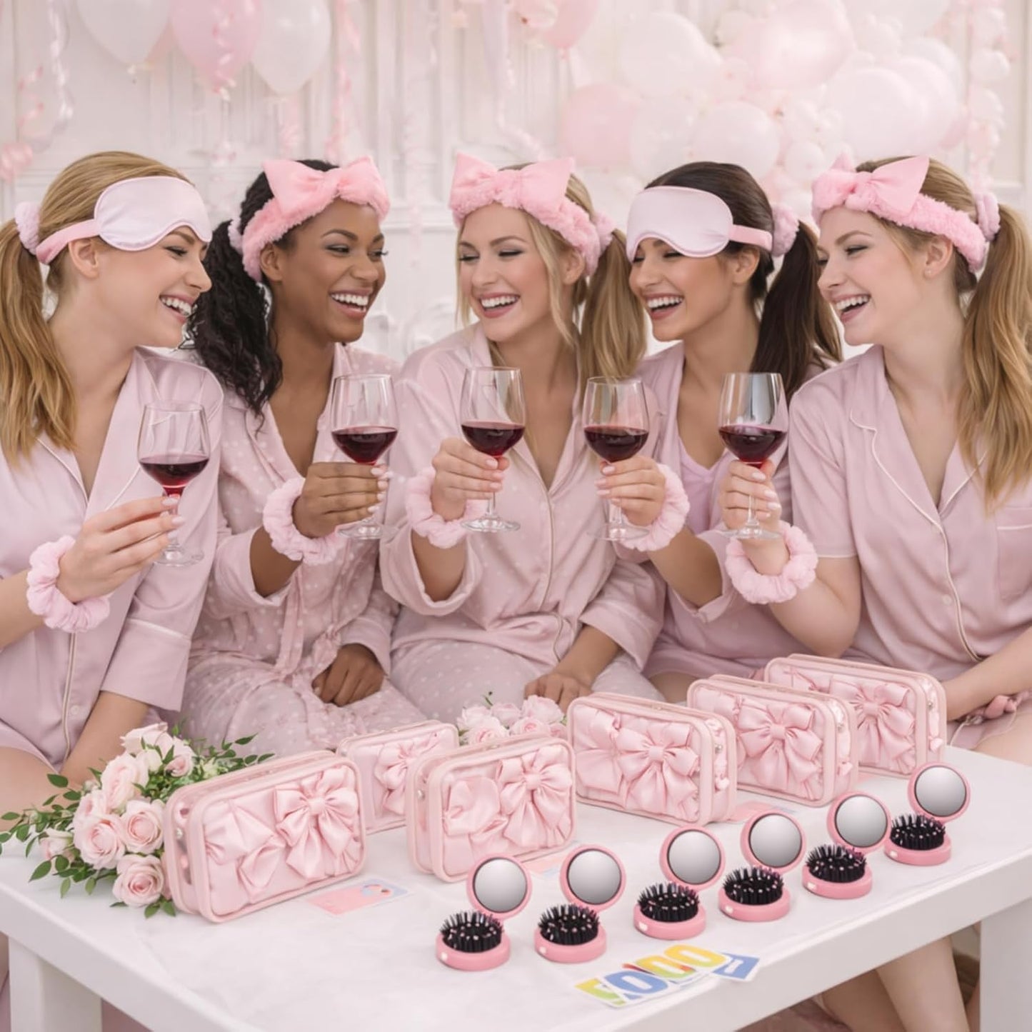 Yebo 64 Pcs Pink Bow Spa Party Favors for Women and Girls, 8 Set Sleepover Spa Party Supplies with Sleep Eye Mask, Wristband, Scrunchie, Bow Headband, Mirror, Hair Comb and Gift Bags