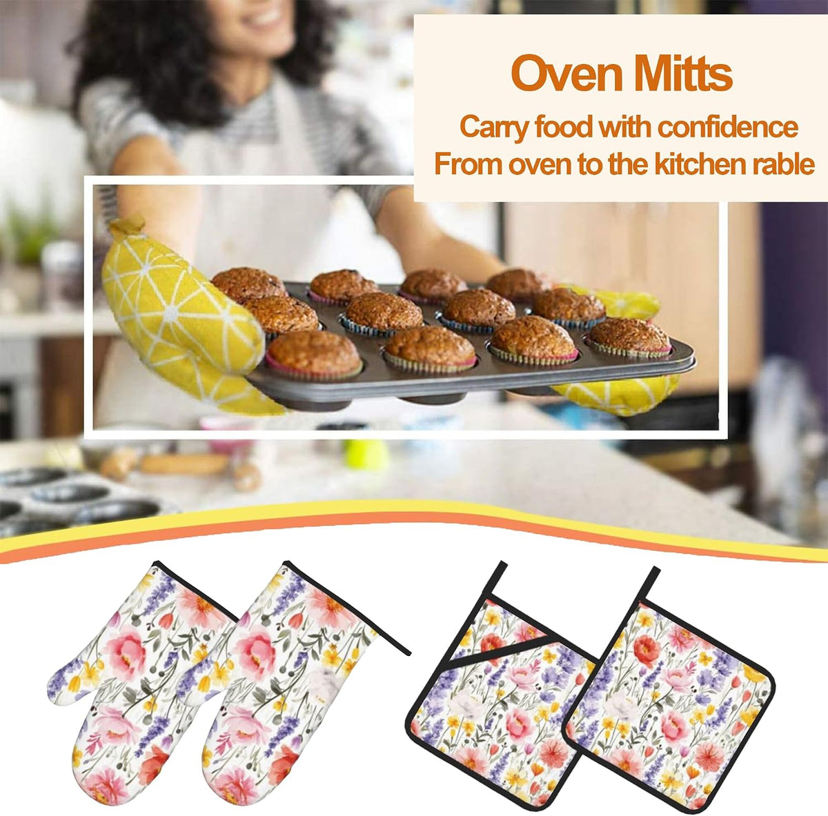Pink Flower Oven Mitts and Heat Resistant Pads - Heat Resistant Gloves Potholder Set of 4 for Cooking, BBQ, Gifts for Women
