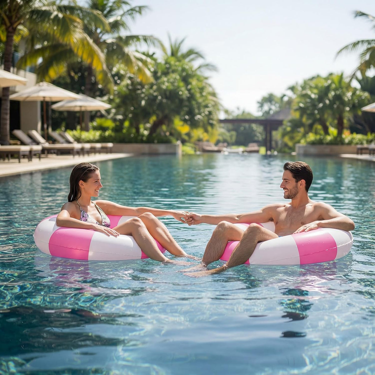 4 Pcs 35 Inch Jumbo Striped Inflatable Pool Floats with 2 pcs Beach Ball for Adults Swimming Pool Tubes for Summer Swimming Beach Party