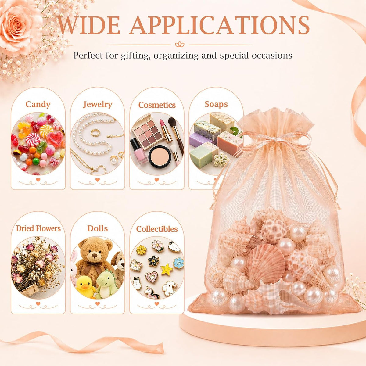 100PCS Peach Champagne Sheer Organza Bags 4x6 in, Goodie Bags Bulk