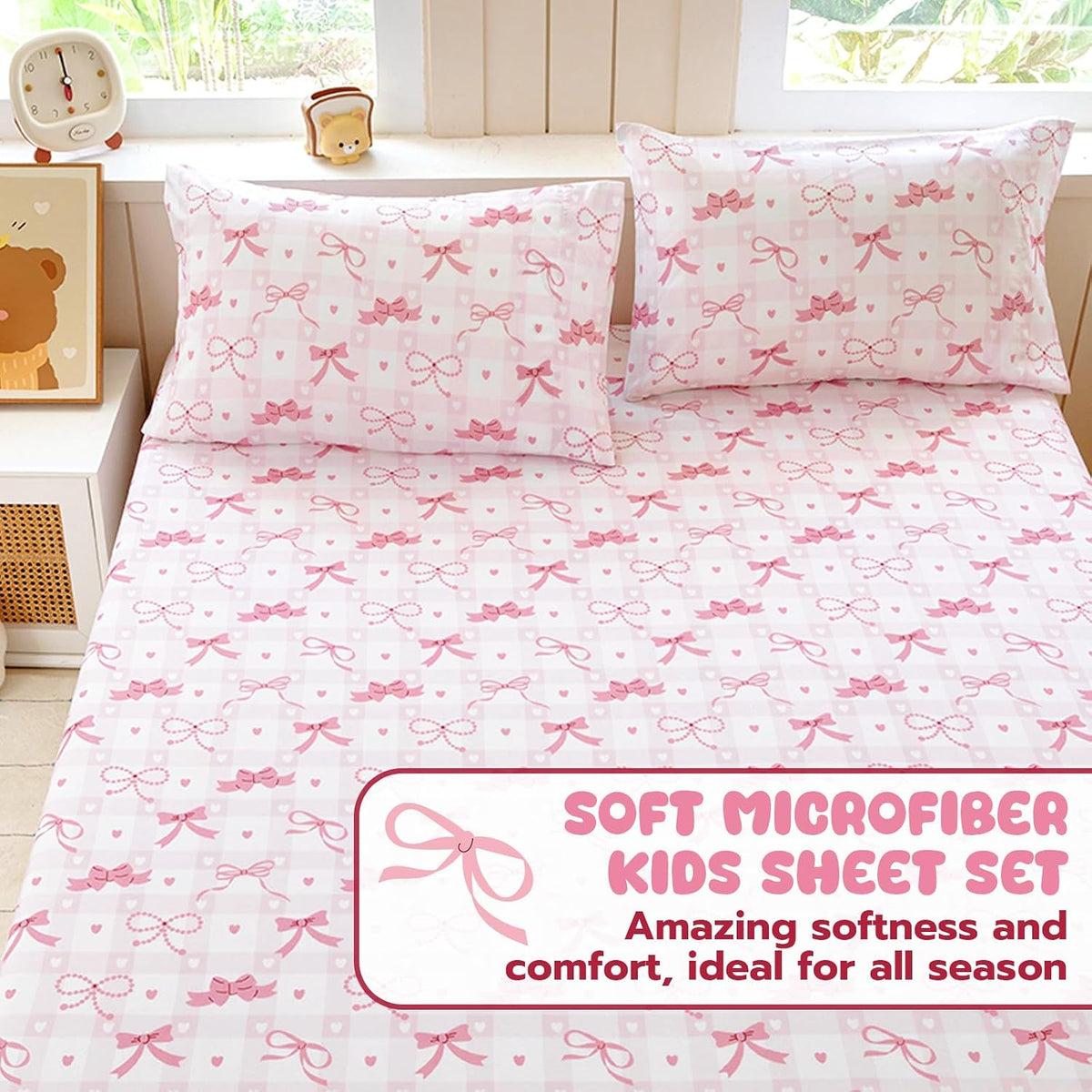 Twin Sheet Set Kids - Pink Check 3 Pieces Soft Microfiber Cartoon Style Bedsheets for Boys Girls Teens, Oeko TEX Breathable 15 Inch Deep Pocket Sheets(Pink Bow)