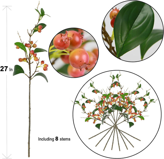 Artificial Plants Simulation Flowers Faux Berries Lifelike Hawthorn Branches for vases- 8 pcs -Pumpkin Orange