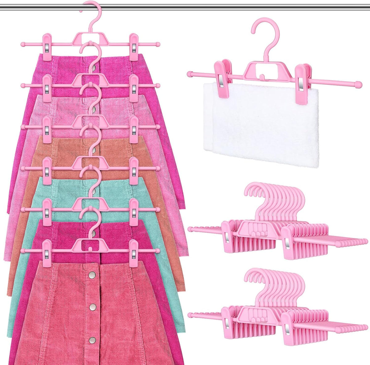 20 Pcs Pink Skirt Hangers with Clips Space Saving Skirt Hangers for Women Hanging Closet Organizers with 360° Swivel Hook Clothes Storage for Skirts Dresses Legging Trouser Jeans