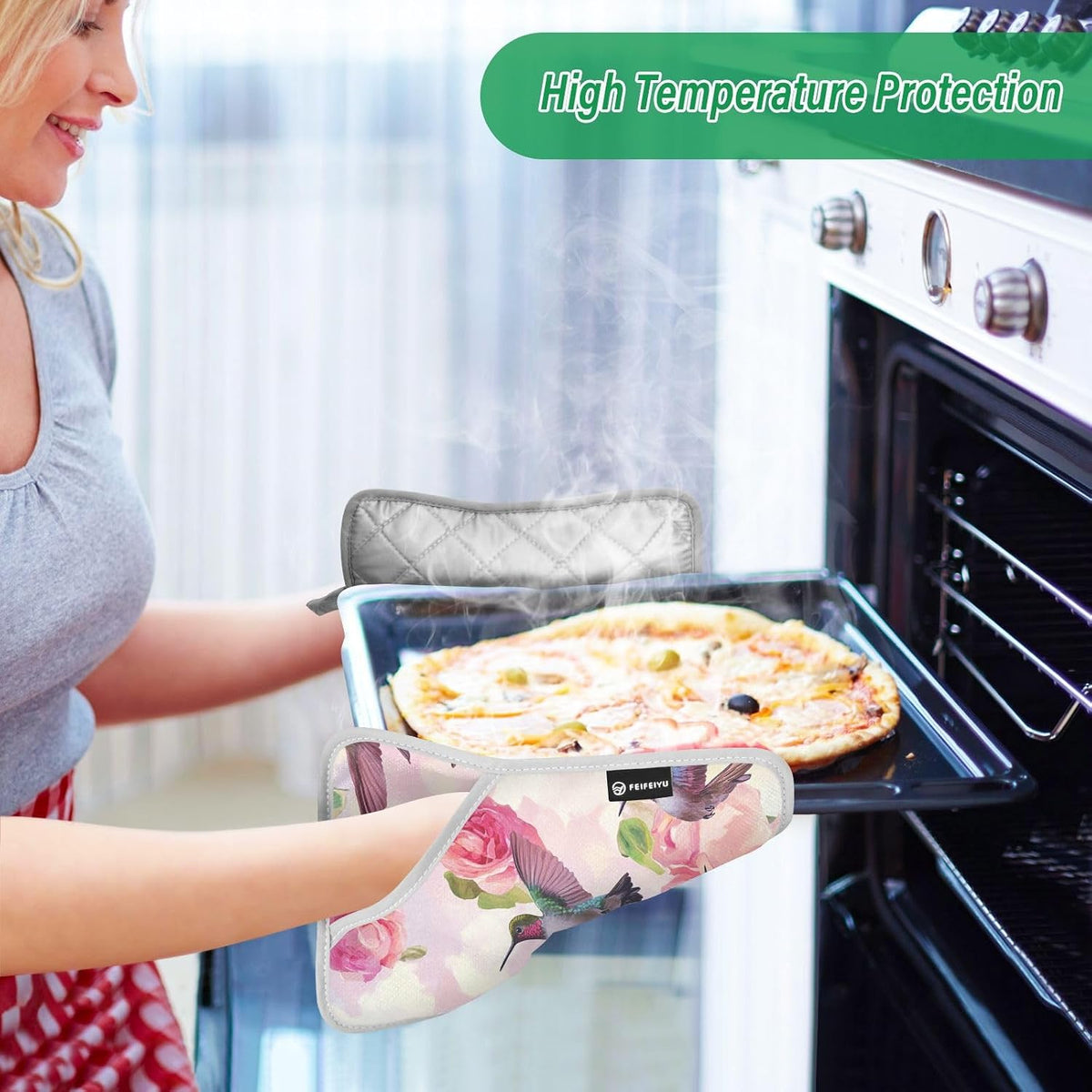 Pot Holder 2 Pack Set Hot Pads Potholders with Pockets Heat Resistant Square Quilted Oven Hot Pads Trivets for Kitchen Cooking Baking Pink Anna Hummingbird and Rose