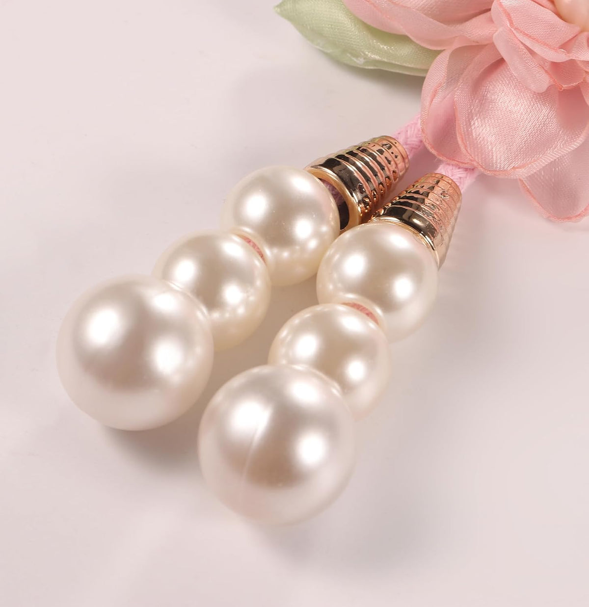 Adjustable Curtain Tiebacks, 4-Pack Hand-Woven Rope with Silk Flower & Pearl, Decorative Window Cord Holders for Drapery, Long Loop Design for All Curtain Thickness (Pink)