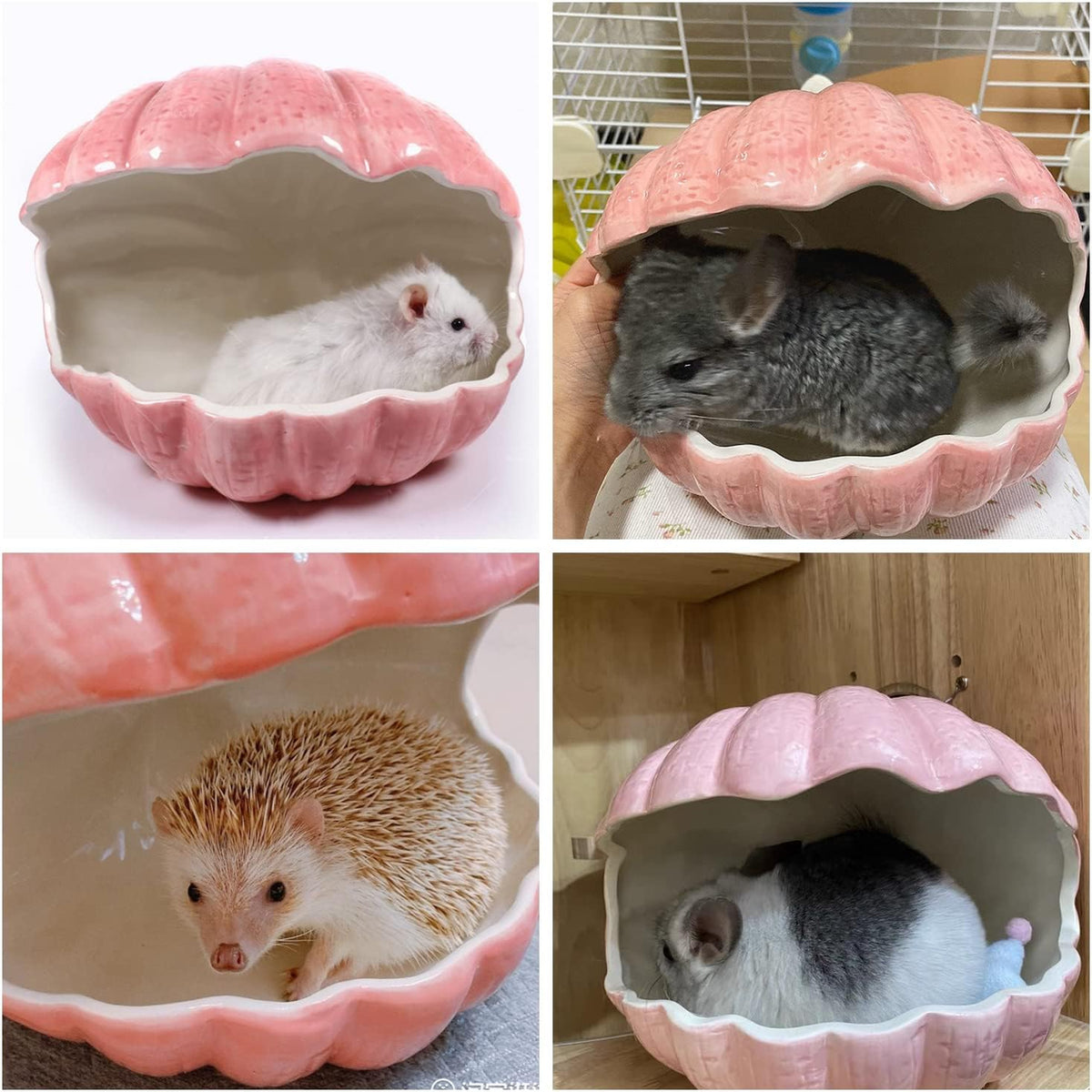 Small Animal Hideout Extra Large Ceramic Shell Shape Guinea Pig House Chinchilla Igloo Habitat Hut Cave Summer Bed Cage Accessories for Hedgehog Rabbit Hamster Gerbil Rat (XL (9.5''x7''x7.9''), Pink)