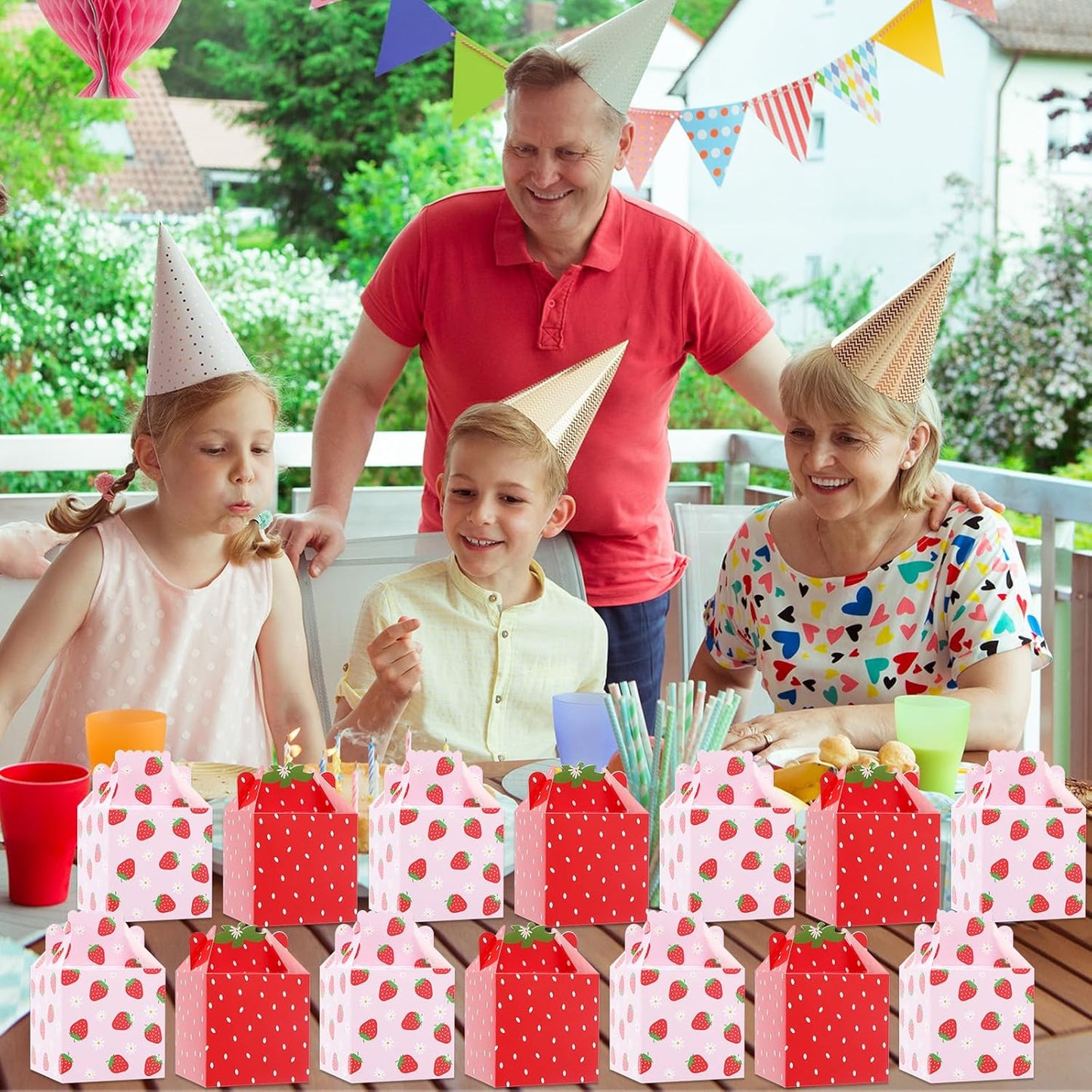 Justforjoyful 48Pcs Strawberry Daisy Party Favors Box Strawberry Gift Boxes Berry First Birthday Candy Treat Boxes Bags for Baby Shower Party Decor Supplies 3.5x3.5x3.5Inch