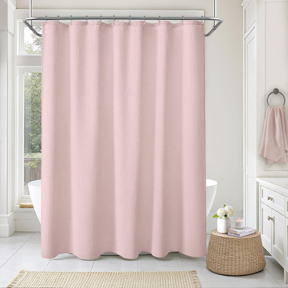 Waffle Weave Shower Curtain Heavyweight Cotton Fabric Blush Pink 72Wx72L