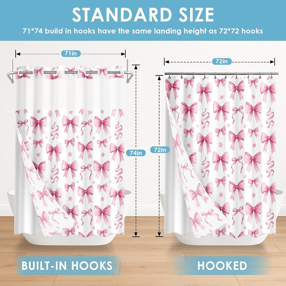 No Hook Shower Curtain with Snap in Liner 71x74 Inch Bow Cute
