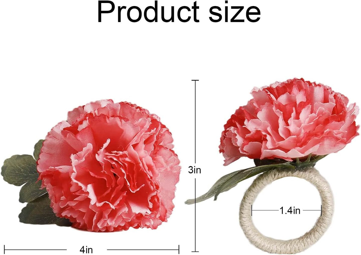 Pink Flower Napkin Rings Set of 6, Faux Carnation Napkin Ring Serviette Buckles for Mother's Day, Valentines Day, Family Party, Table Decor, Dinner Setting (Pink Carnation)