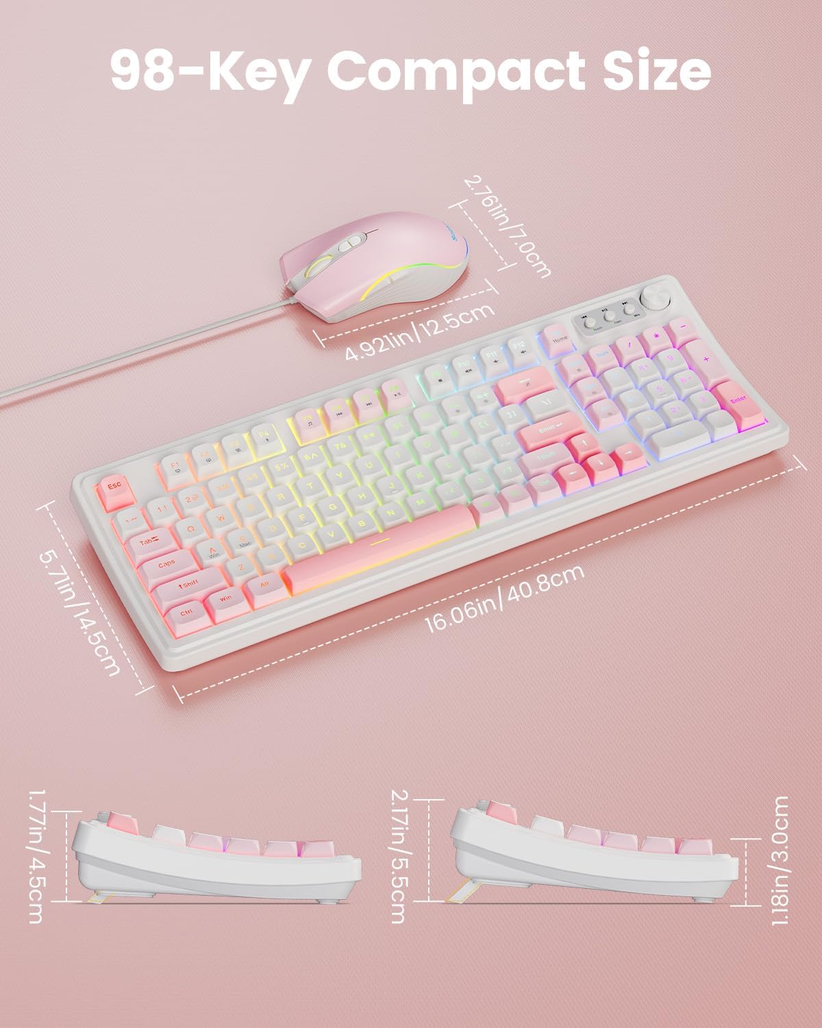Gaming Keyboard and Mouse, Quiet Membrane with RGB Backlit - Pink