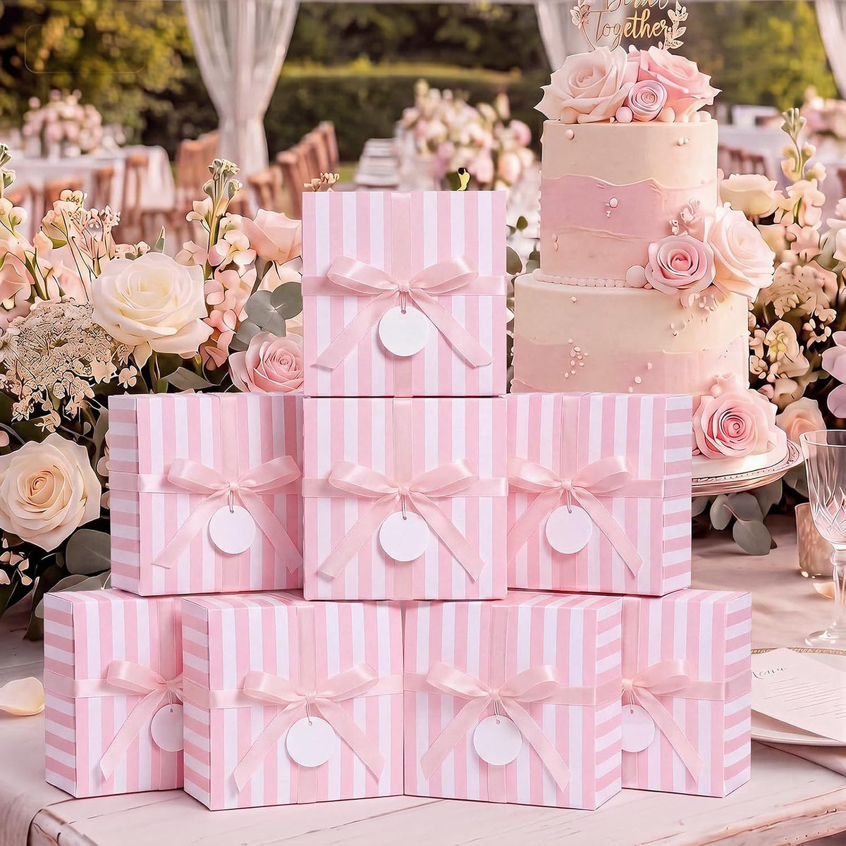 8 Set Pink White Striped Gift Boxes with Ribbon, Pink Bridesmaid Gift Boxes 8 x 8 x 4 Inch for Wedding, Bachelorette Party Supplies, Bridal Shower Baby Shower Birthday Favor