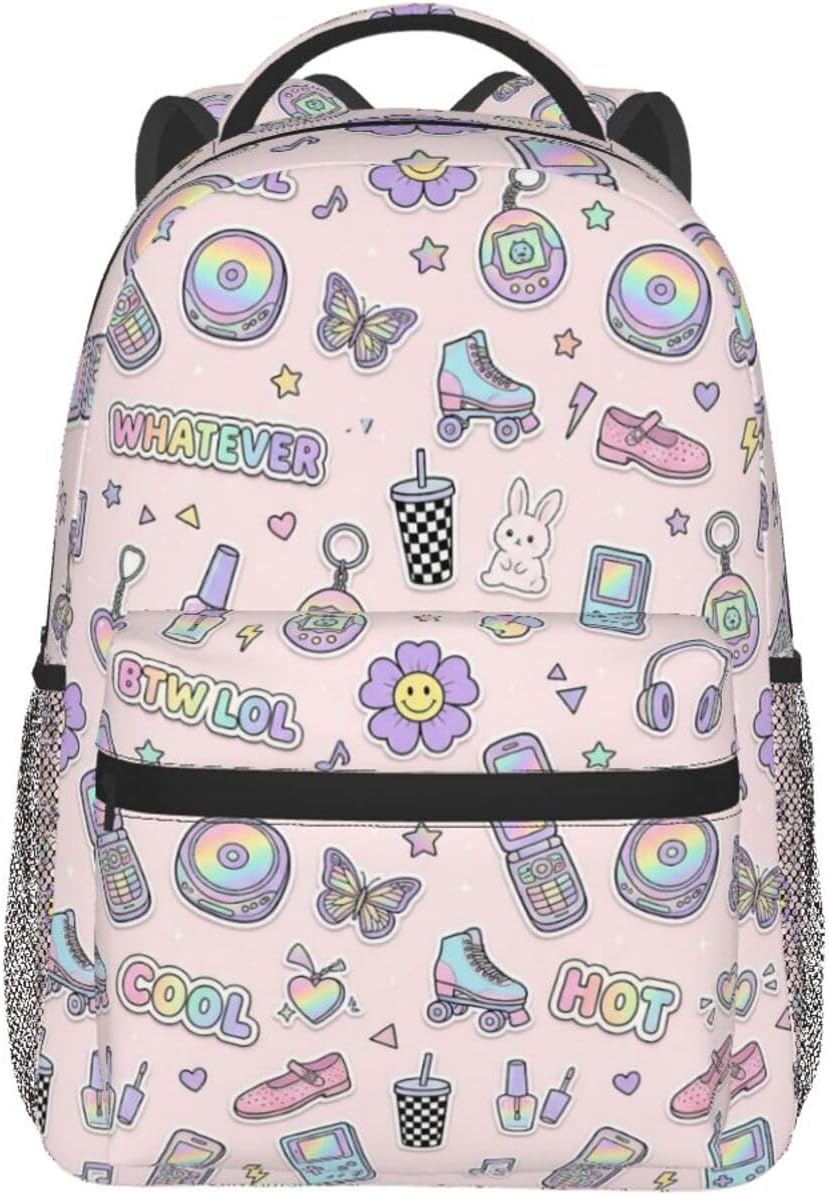 Y2K Pastel Sticker Flip Phone Roller Skate Butterfly Light Pink Seamless Pattern 15.7 Inch Large capacity laptop backpack, durable for daily use