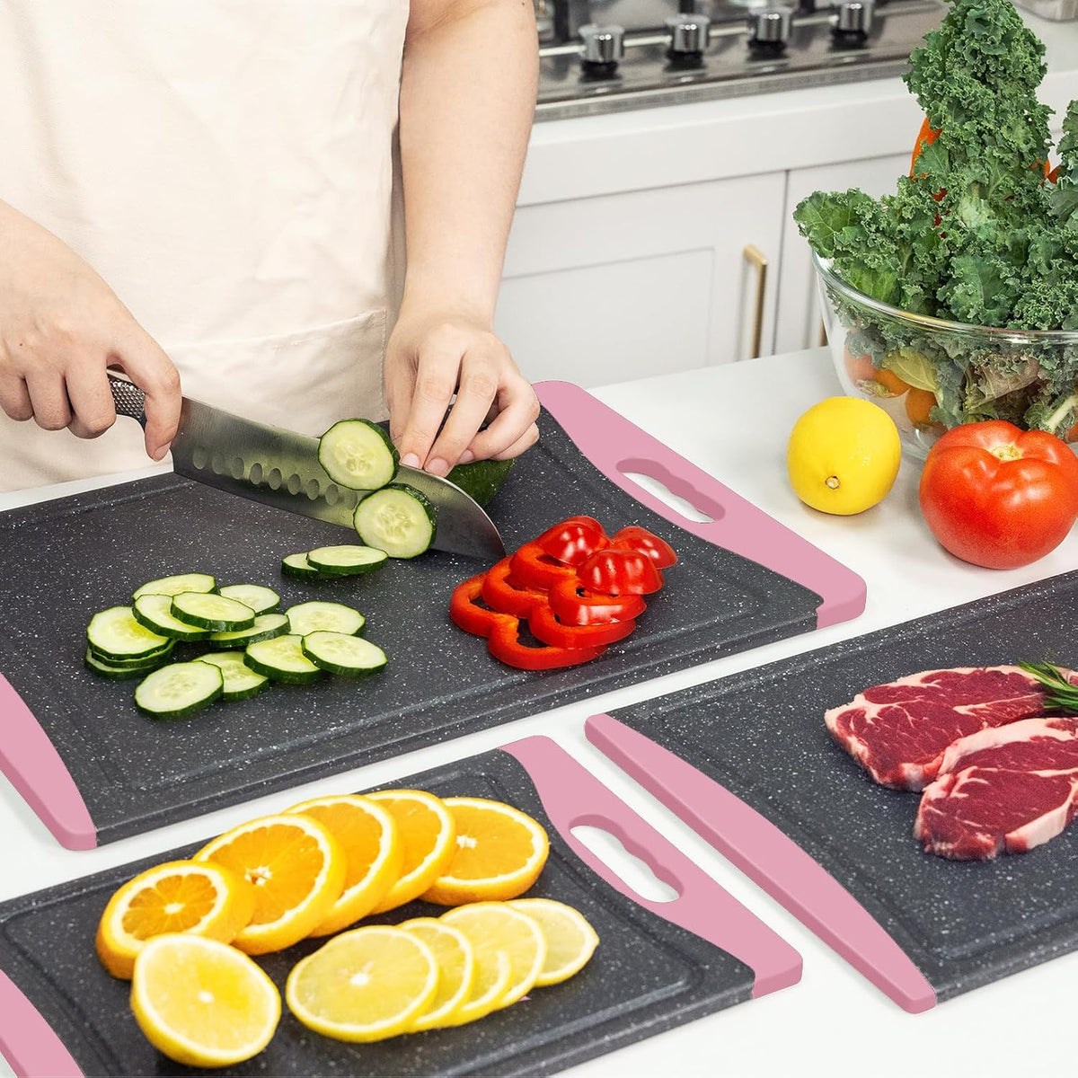 Extra Large Cutting Boards, Plastic Cutting Boards for Kitchen (Set of 3) Cutting Board Set Dishwasher Chopping Board with Juice Grooves Easy-Grip Handles, Pink